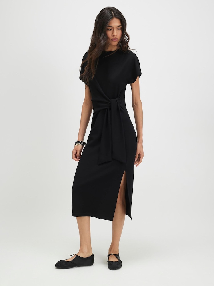 River Island Black Premium Short Sleeve Tie Side Midi Dress - Image 1 of 4 River Island Black Premium Short Sleeve Tie Side Midi Dress - Image 1 of 4