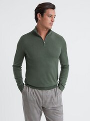 Reiss Ivy Green Blackhall Merino Wool Half-Zip Funnel Neck Jumper - Image 1 of 5