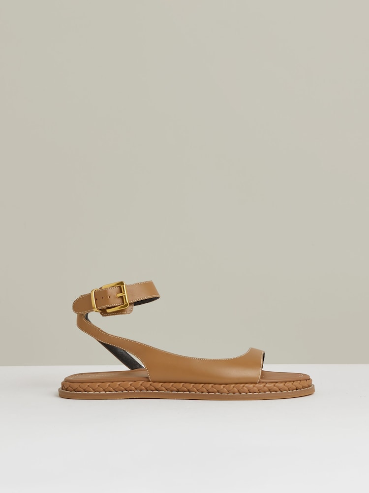 Reiss Tan Gabi Leather Plait Detail Sandals - Image 1 of 5
