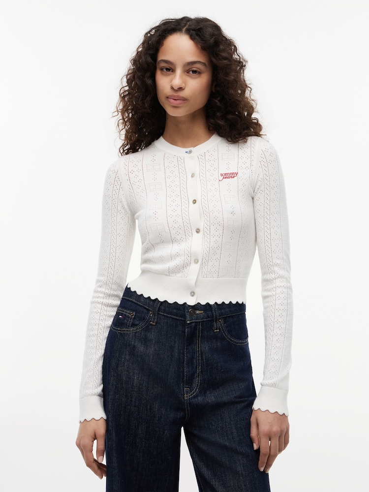 Tommy Jeans White Slim Pointelle Flag Cardigan - Image 1 of 5 Tommy Jeans White Slim Pointelle Flag Cardigan - Image 1 of 5