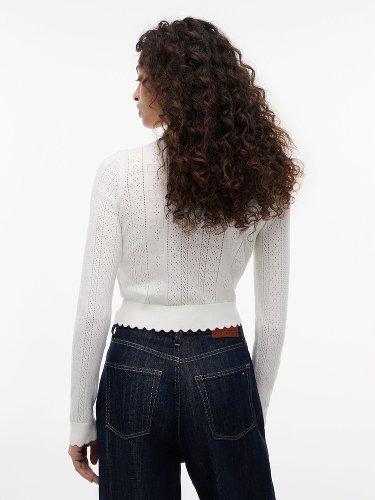 Tommy Jeans White Slim Pointelle Flag Cardigan - Image 2 of 5 Tommy Jeans White Slim Pointelle Flag Cardigan - Image 2 of 5