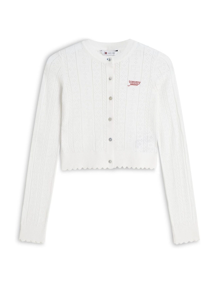 Tommy Jeans White Slim Pointelle Flag Cardigan - Image 5 of 5 Tommy Jeans White Slim Pointelle Flag Cardigan - Image 5 of 5