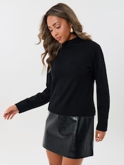 Threadbare Black 2 in 1 Knitted Mini Dress with Faux Leather Skirt - Image 1 of 5