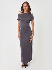 Threadbare Grey Off Shoulder Draped Jersey Maxi Dress - Image 1 of 4