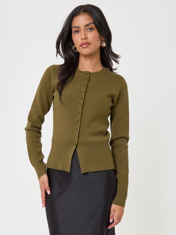 Threadbare Green Crew Neck Structured Knitted Cardigan - Image 1 of 4 Threadbare Green Crew Neck Structured Knitted Cardigan - Image 1 of 4