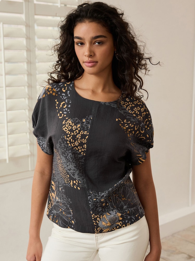 Black Animal Print Gathered Short Sleeve Textured Boxy T-Shirt - Image 1 of 6