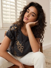 Black Animal Print Gathered Short Sleeve Textured Boxy T-Shirt - Image 2 of 6