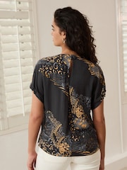 Black Animal Print Gathered Short Sleeve Textured Boxy T-Shirt - Image 3 of 6
