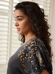 Black Animal Print Gathered Short Sleeve Textured Boxy T-Shirt - Image 4 of 6