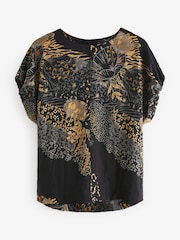 Black Animal Print Gathered Short Sleeve Textured Boxy T-Shirt - Image 5 of 6