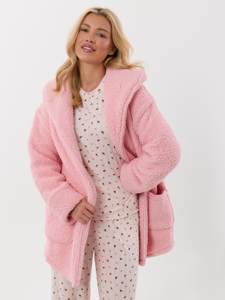 Threadbare Pink Sherpa Fleece Open Dressing Gown - Image 1 of 4 Threadbare Pink Sherpa Fleece Open Dressing Gown - Image 1 of 4