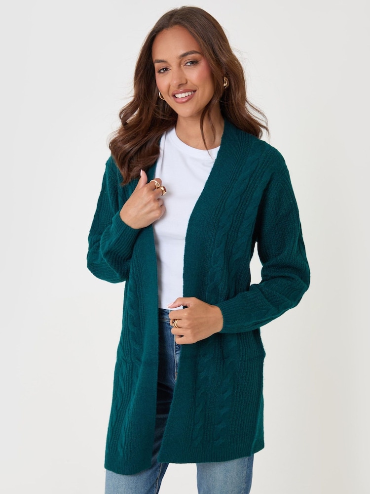 Threadbare Teal Green Cable Long Knitted Cardigan - Image 4 of 4 Threadbare Teal Green Cable Long Knitted Cardigan - Image 4 of 4
