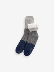 Blue Grey Block Cable Slipper Socks - Image 2 of 3