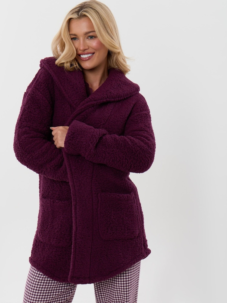 Threadbare Red Sherpa Fleece Open Dressing Gown - Image 2 of 4 Threadbare Red Sherpa Fleece Open Dressing Gown - Image 2 of 4