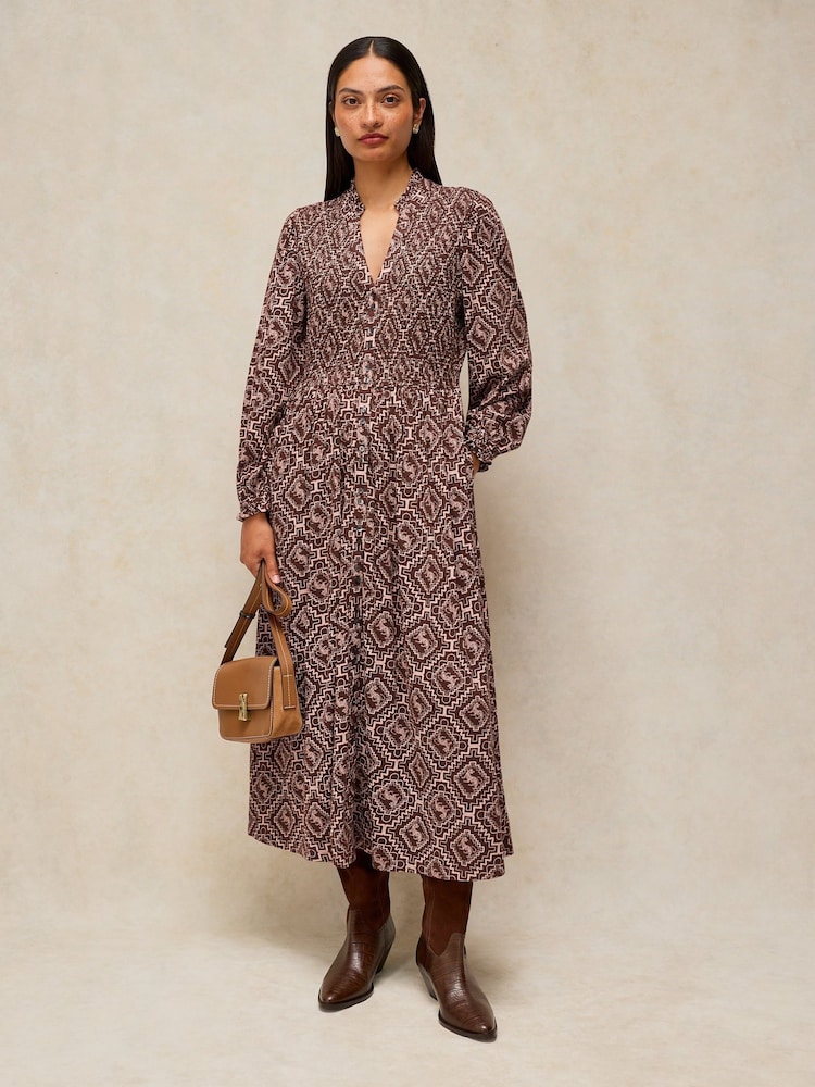 White Stuff Brown Ada Shirred Dress - Image 1 of 6