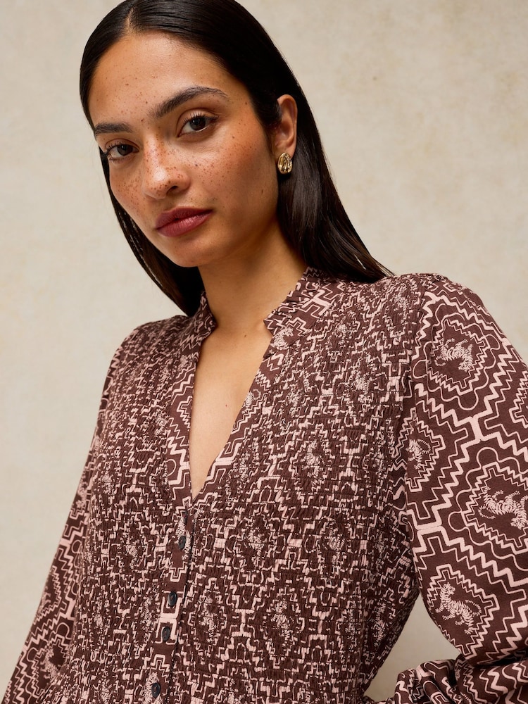 White Stuff Brown Ada Shirred Dress - Image 2 of 6