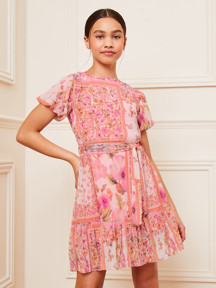 Lipsy Pink Printed Puff Sleeve Tie Waist Pleat Mesh Dress (5-16yrs) - Image 1 of 4
