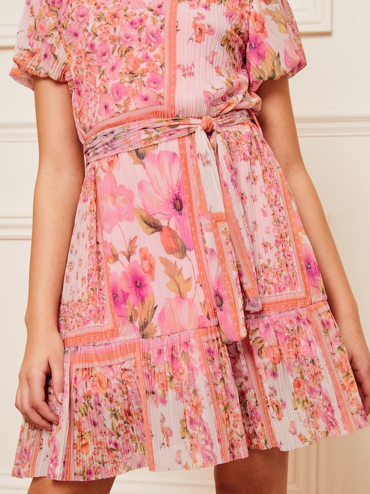 Lipsy Pink Printed Puff Sleeve Tie Waist Pleat Mesh Dress (5-16yrs) - Image 2 of 4