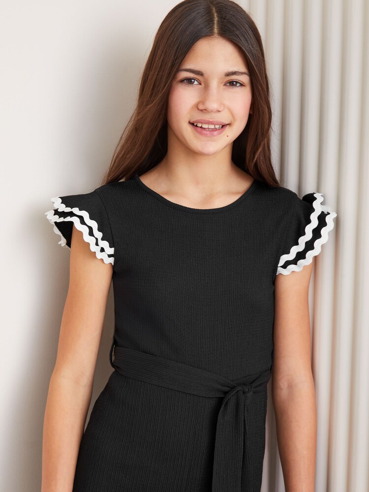 Lipsy Black/White Jersey Rib Ruffle Jumpsuit (5-16yrs) - Image 4 of 4