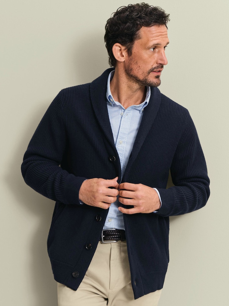 Charles Tyrwhitt Navy Blue Chunky Merino Shawl Neck Cardigan - Image 1 of 2 Charles Tyrwhitt Navy Blue Chunky Merino Shawl Neck Cardigan - Image 1 of 2