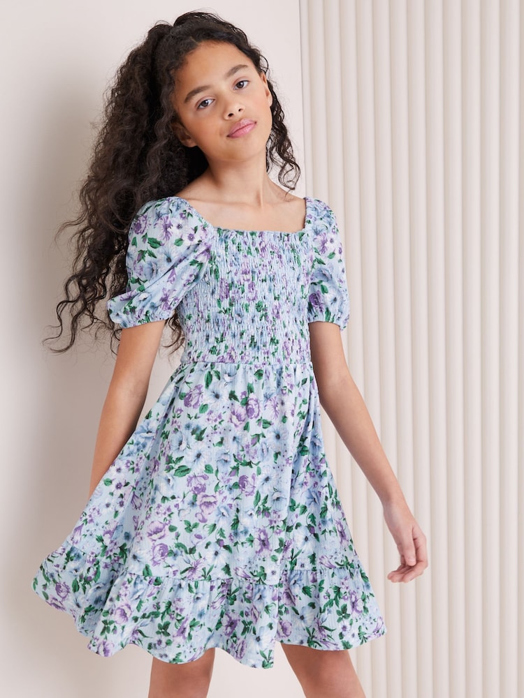Lipsy Blue Floral Square Neck Jersey Crinkle Dress - Image 1 of 4 Lipsy Blue Floral Square Neck Jersey Crinkle Dress - Image 1 of 4