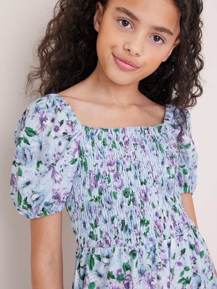 Lipsy Blue Floral Square Neck Jersey Crinkle Dress - Image 2 of 4 Lipsy Blue Floral Square Neck Jersey Crinkle Dress - Image 2 of 4