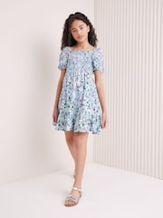 Lipsy Blue Floral Square Neck Jersey Crinkle Dress - Image 3 of 4