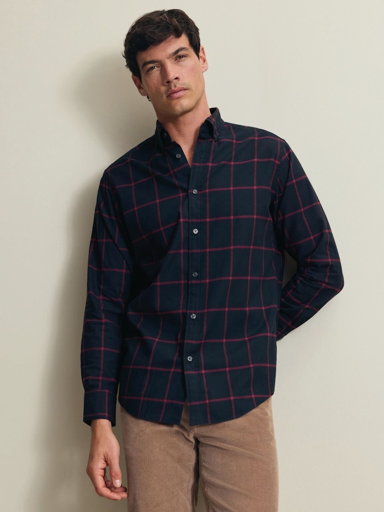 Charles Tyrwhitt Navy Blue Slim Fit Check Brushed Flannel Classic Fit Shirt - Image 1 of 6