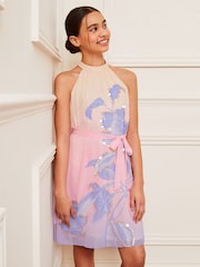 Lipsy Pink/Purple/Peach Pink Embellished Halter Occasion Dress (7-16yrs) - Image 3 of 4