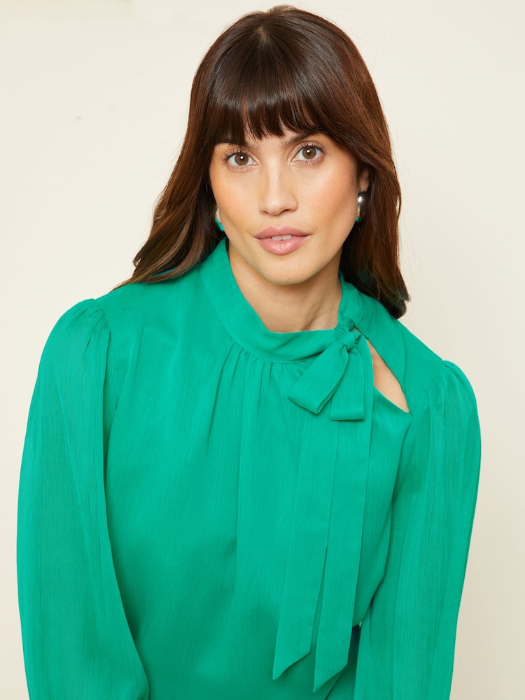 Love & Roses Green Long Sleeve Tie Neck Shirred Cuff Blouse - Image 2 of 4 Love & Roses Green Long Sleeve Tie Neck Shirred Cuff Blouse - Image 2 of 4
