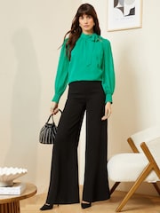 Love & Roses Green Long Sleeve Tie Neck Shirred Cuff Blouse - Image 4 of 4
