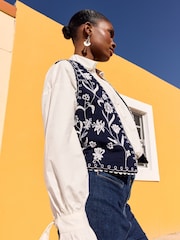 Love & Roses Navy Blue and Ivory White Embroidered Sleeveless Lace Trim Waistcoat - Image 1 of 4