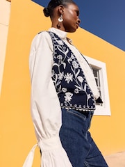 Love & Roses Navy Blue and Ivory White Embroidered Sleeveless Lace Trim Waistcoat - Image 2 of 4