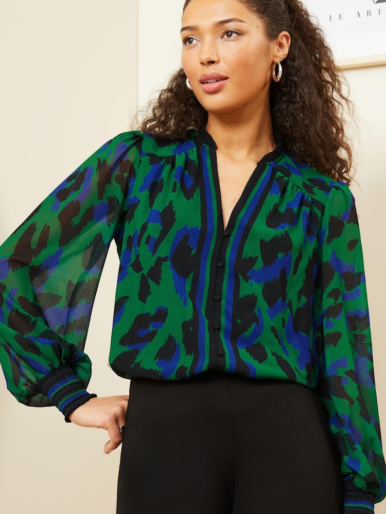 Love & Roses Green Animal Printed V Neck Puff Sleeve Blouse - Image 1 of 4