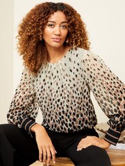 Love & Roses Neutral Animal Printed Ruched High Neck Long Sleeve Chiffon Blouse - Image 1 of 4