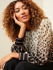 Love & Roses Neutral Animal Printed Ruched High Neck Long Sleeve Chiffon Blouse - Image 2 of 4