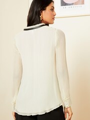 Love & Roses Ivory White Pleated Long Sleeve V Neck PU Trim Blouse - Image 3 of 4