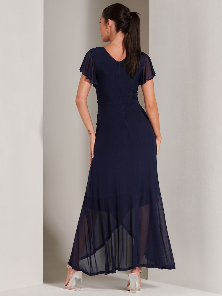 Jolie Moi Blue Racquell Plain Frill Mesh Maxi Dress - Image 2 of 6