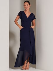 Jolie Moi Blue Racquell Plain Frill Mesh Maxi Dress - Image 4 of 6