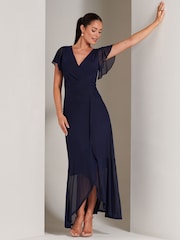 Jolie Moi Blue Racquell Plain Frill Mesh Maxi Dress - Image 5 of 6
