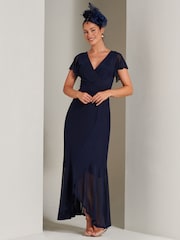 Jolie Moi Blue Racquell Plain Frill Mesh Maxi Dress - Image 6 of 6