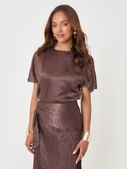 Threadbare Brown Crinkle Satin Batwing Top - Image 1 of 4