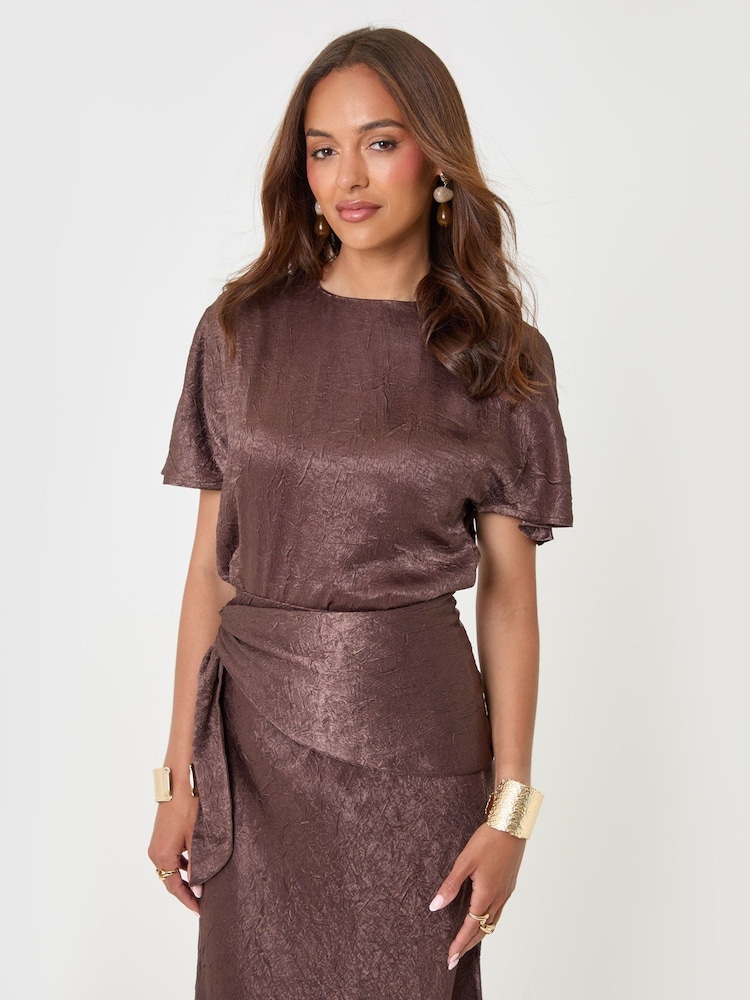 Threadbare Brown Crinkle Satin Batwing Top - Image 1 of 4