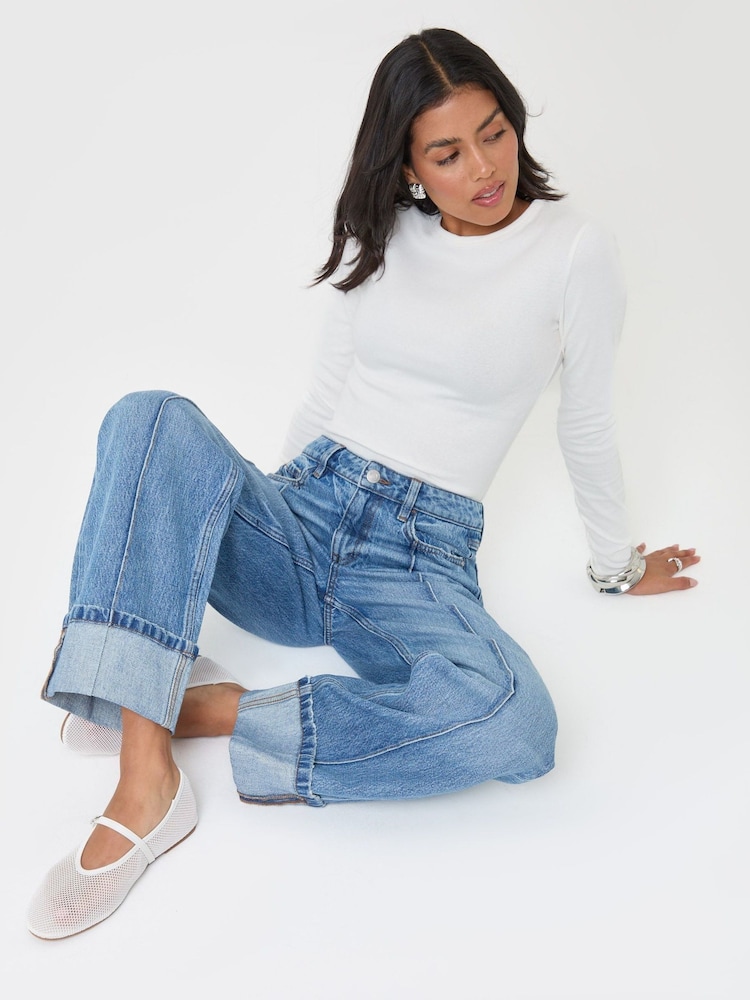 Threadbare Blue Petite Wide Leg Turn Up Jeans - Image 1 of 5 Threadbare Blue Petite Wide Leg Turn Up Jeans - Image 1 of 5