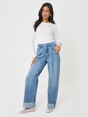 Threadbare Blue Petite Wide Leg Turn Up Jeans - Image 3 of 5