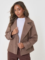 Threadbare Brown Funnel Neck Short Trench Coat - Image 1 of 4