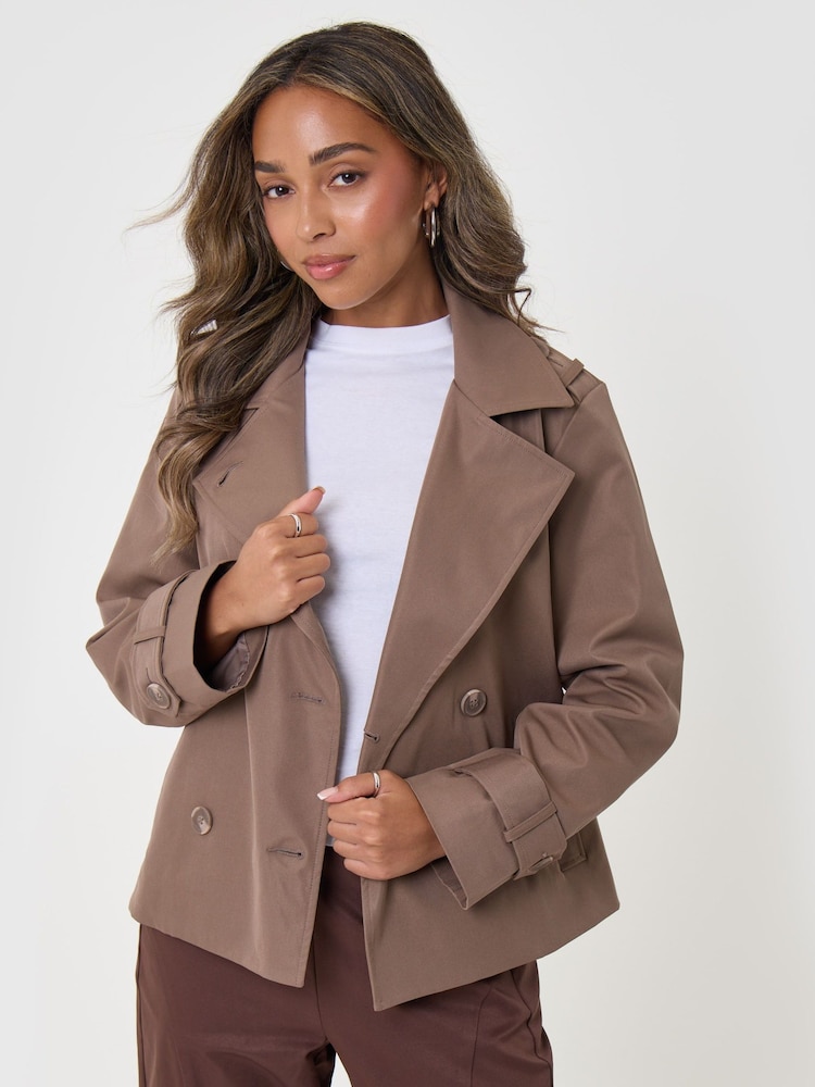 Threadbare Brown Funnel Neck Short Trench Coat - Image 1 of 4