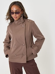 Threadbare Brown Funnel Neck Short Trench Coat - Image 3 of 4
