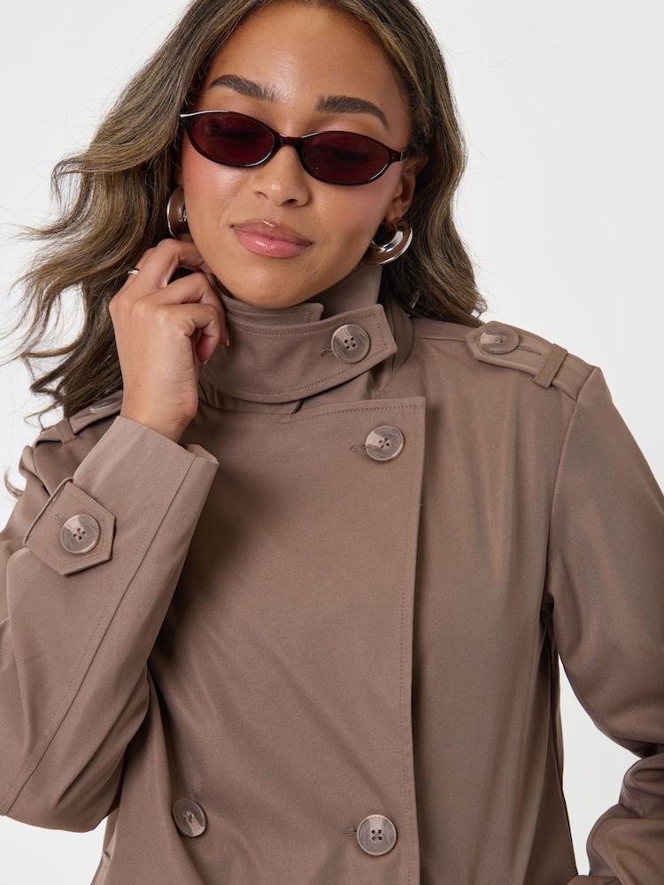 Threadbare Brown Funnel Neck Short Trench Coat - Image 4 of 4