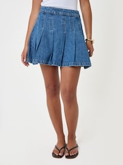 Threadbare Blue Denim Pleated Mini Skirt - Image 2 of 5